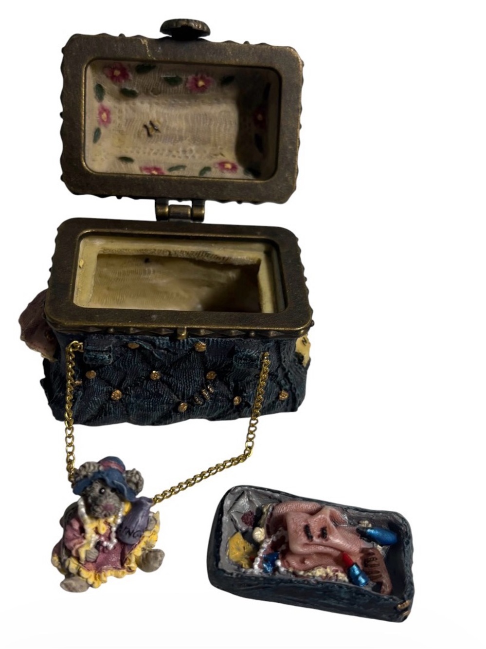 Boyds Bears Black and Gold Quilted Trinket Box with Bear Figurine Accessory